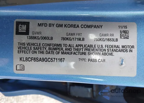 2016 Chevrolet Spark 2Lt Cvt z USA, uszkodzony, nr VIN KL8CF6SA9GC571167